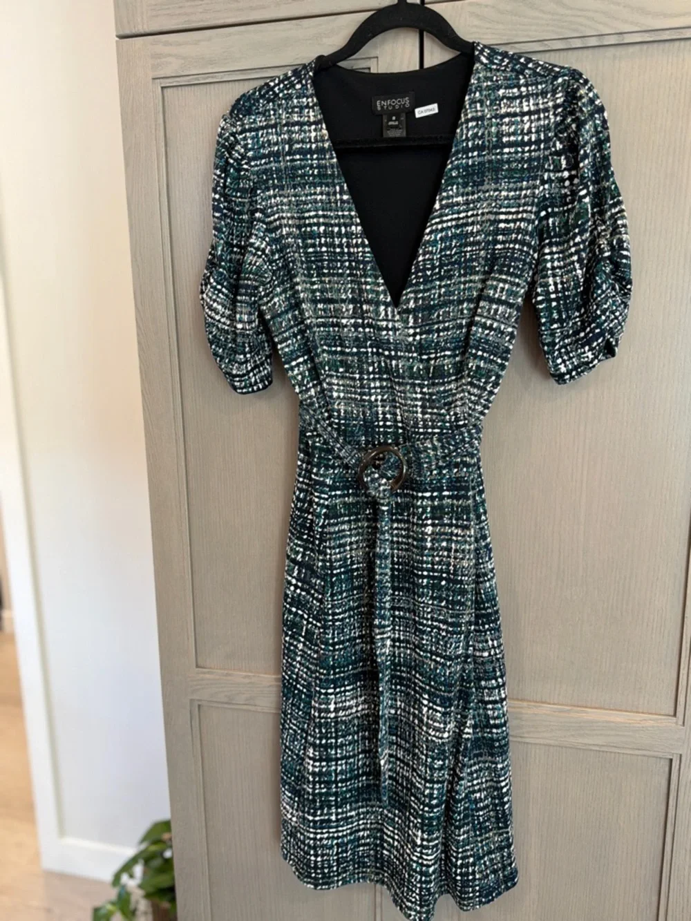 Enfocus Studio Teal & Black Printed Belted Midi Dress | Puff Sleeve | Size 8 - Picture 3 of 5